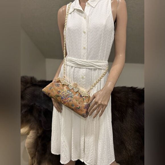 Genuine Leather Retro Floral Print Handmade Push Lock Clutch Bag/Evening Bag - Picture 12 of 15